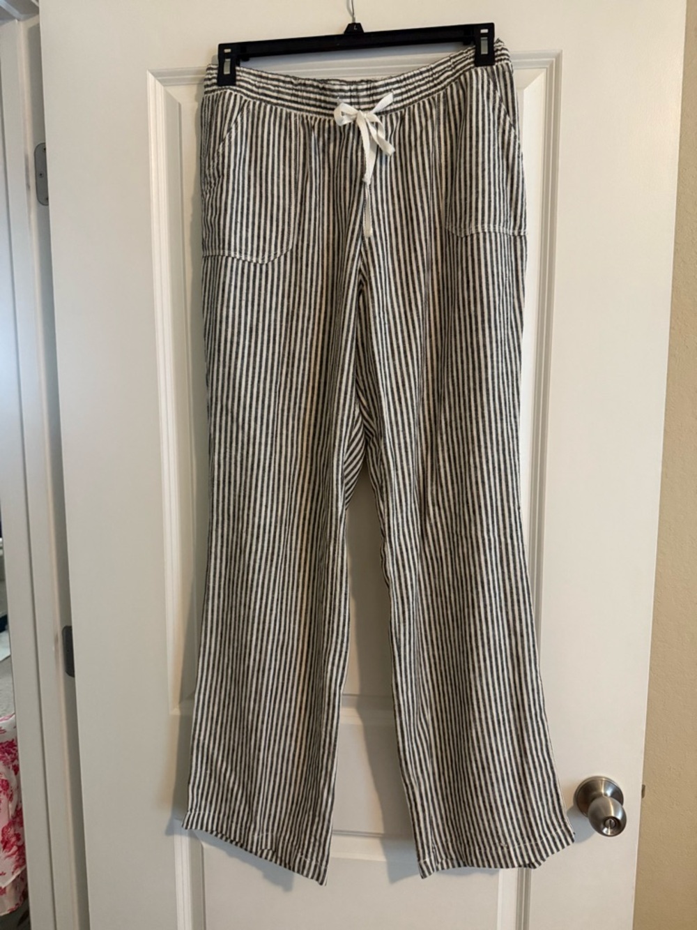 Striped Drawstring Linen-Blend Wide Leg Pants - Black & White